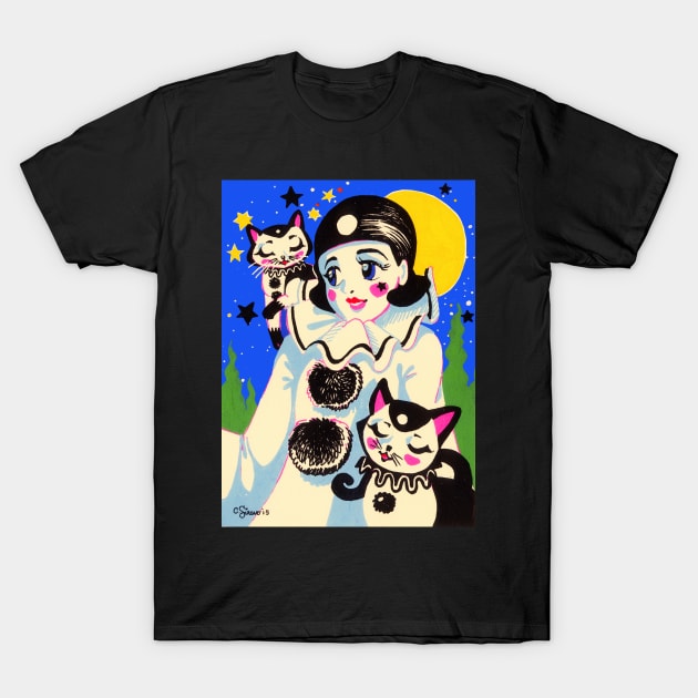 Pierette Pierrot and Kawaii Cats T-Shirt by Magenta Arts